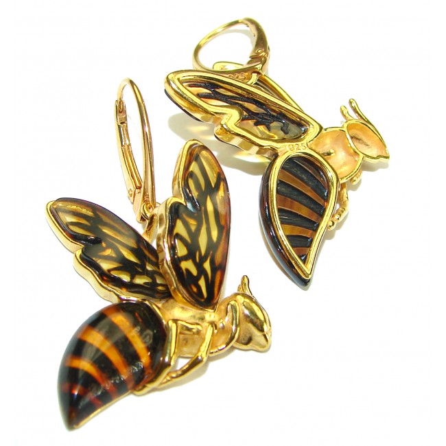 Special product! Wonderful Bees Baltic Amber 14K Gold over .925 Sterling Silver entirely handcrafted earrings