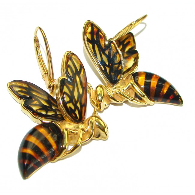 Special product! Wonderful Bees Baltic Amber 14K Gold over .925 Sterling Silver entirely handcrafted earrings