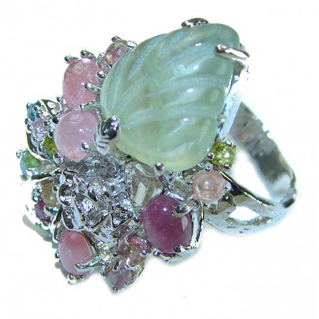 Natural carved Green Amethyst watermelon Tourmaline .925 Sterling Silver ring size 8