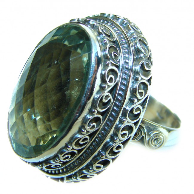 Huge Bohemian Style Oval cut 22.5 carat Green Topaz .925 Sterling Silver handmade Ring s. 8