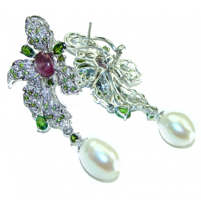 Floral Design Star Ruby Mother of Pearl .925 Sterling Silver handcrafted Long earrings