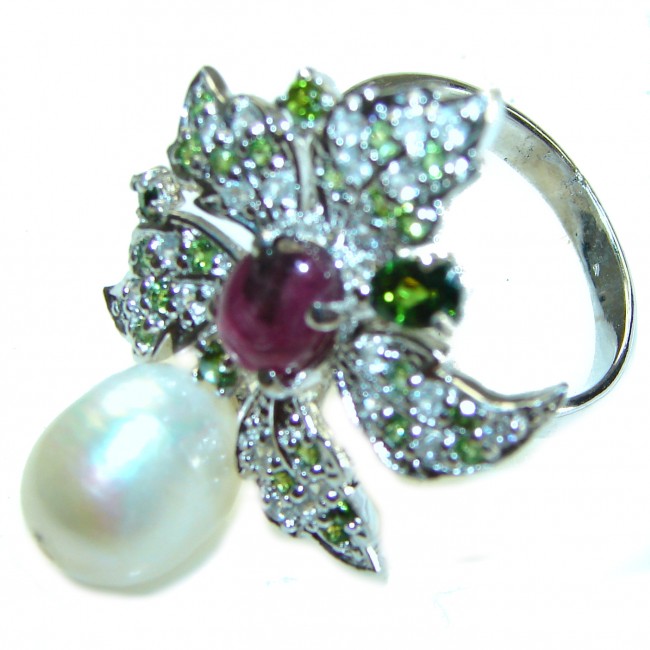 Floral Design Star Ruby Mother of Pearl .925 Sterling Silver handcrafted Statement Ring size 8