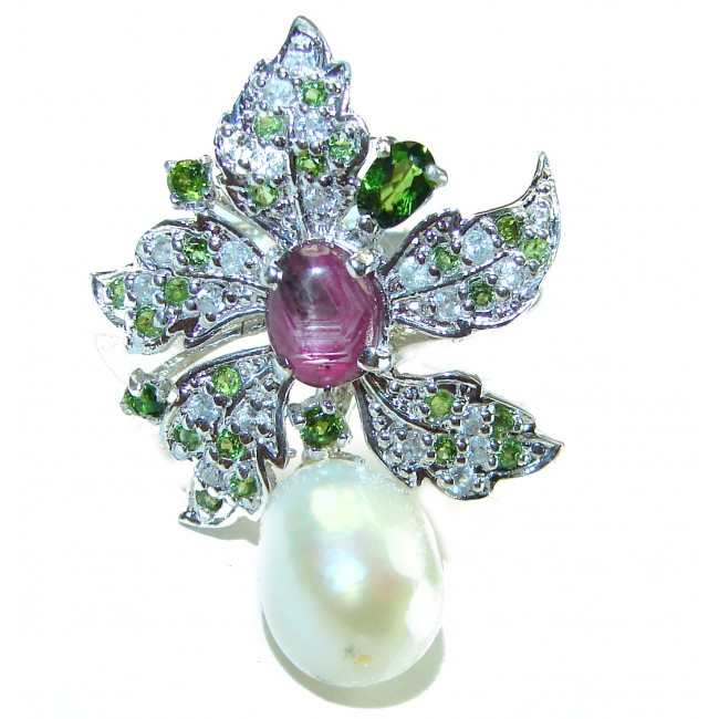 Floral Design Star Ruby Mother of Pearl .925 Sterling Silver handcrafted Statement Ring size 8