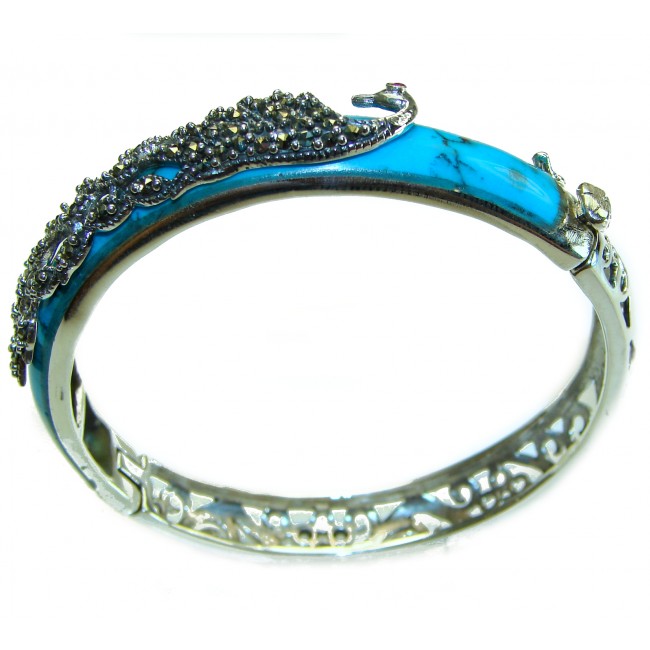 Precious Peacock Turquoise Marcasite Sterling Silver Luxury Bracelet