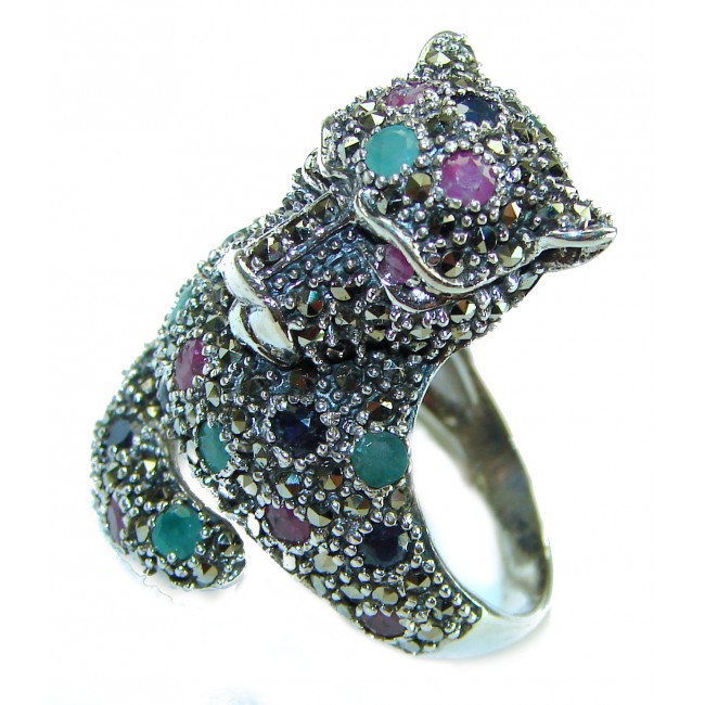 Red Panther authentic Ruby Emerald Sapphire .925 Sterling Silver Large handcrafted Ring size 9