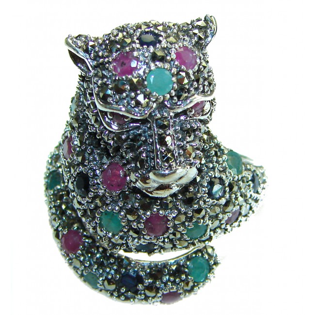 Red Panther authentic Ruby Emerald Sapphire .925 Sterling Silver Large handcrafted Ring size 9