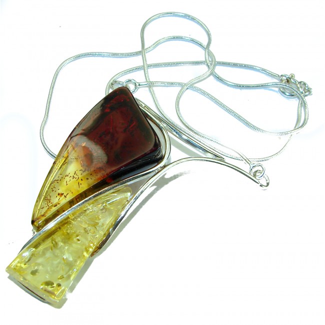 Modern Concept Natural Baltic Amber .925 Sterling Silver handcrafted Large necklace