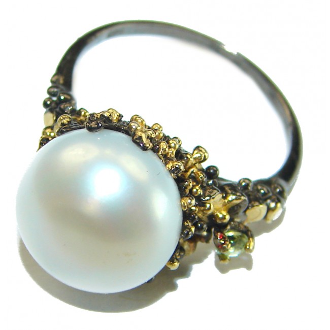 Natural Pearl 14K Gold black rhodium over .925 Sterling Silver handmade ring size 7