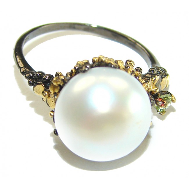 Natural Pearl 14K Gold black rhodium over .925 Sterling Silver handmade ring size 7