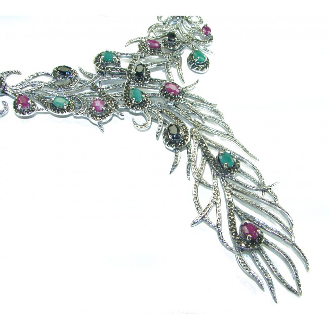 HUGE 84.2 grams Peacock Feather design genuine Ruby .925 Sterling Silver handcrafted Necklace