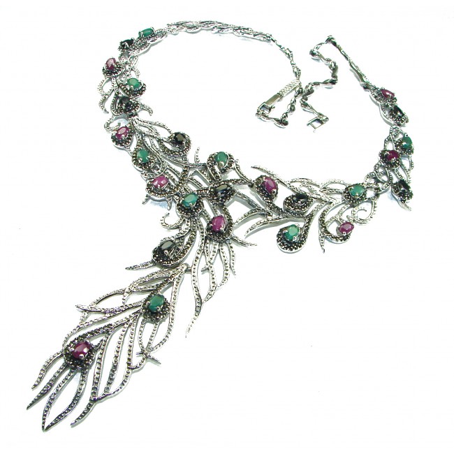 HUGE 84.2 grams Peacock Feather design genuine Ruby .925 Sterling Silver handcrafted Necklace