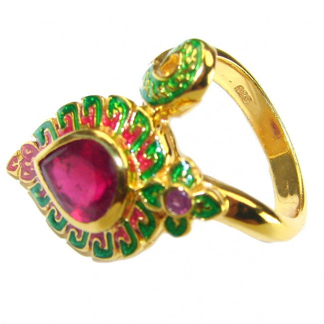 Enamel Ruby 18K Gold over .925 Sterling Silver Huge handcrafted Ring s. 7 3/4