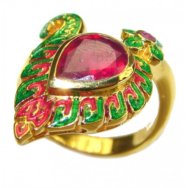 Enamel Ruby 18K Gold over .925 Sterling Silver Huge handcrafted Ring s. 7 3/4