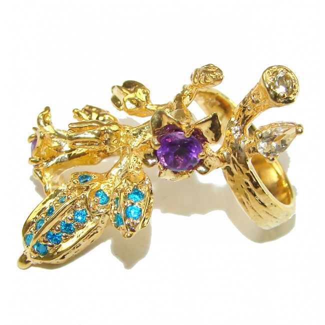 Exotic Flowers Amethyst 14K Gold over .925 Sterling Silver handcrafted Statement Ring size 6 3/4