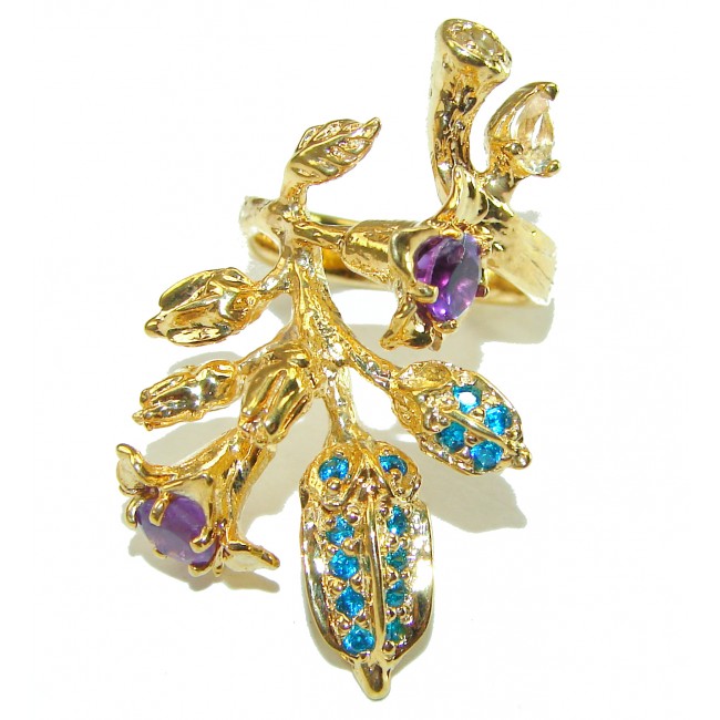 Exotic Flowers Amethyst 14K Gold over .925 Sterling Silver handcrafted Statement Ring size 6 3/4