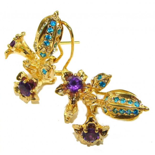 Exotic Flowers Amethyst 14K Gold over .925 Sterling Silver handmade Statement earrings