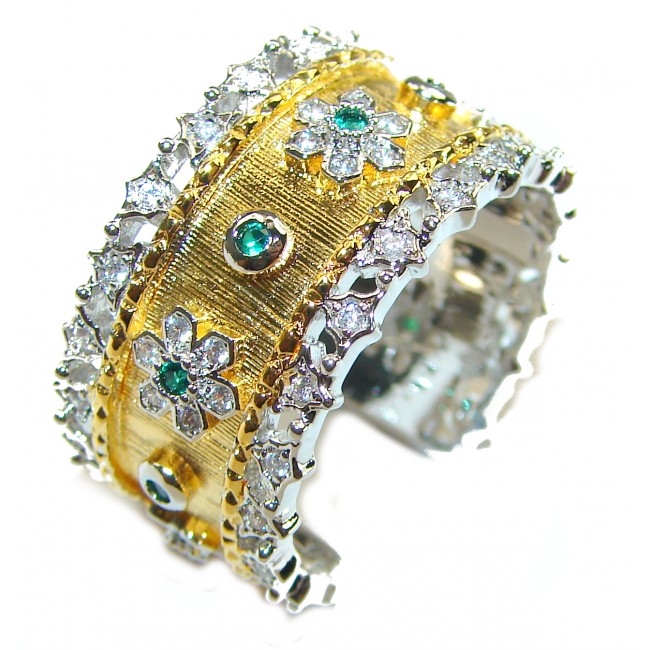 Byzantine Style Emerald White Topaz 14K Gold over .925 Sterling Silver handcrafted ring; s. 8 adjustable