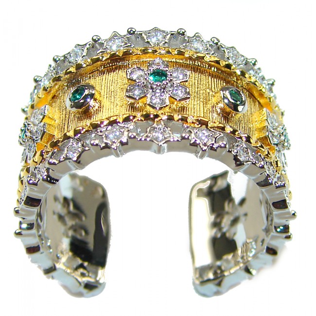 Byzantine Style Emerald White Topaz 14K Gold over .925 Sterling Silver handcrafted ring; s. 8 adjustable