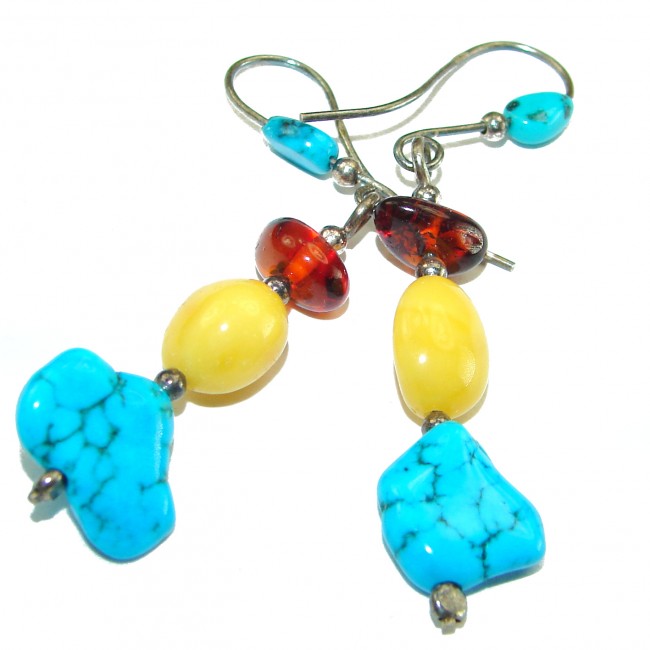 Perfect Turquoise Butterscotch Baltic Polish Amber .925 Sterling Silver earrings