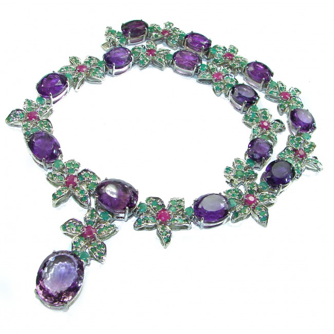 Purple Orchid authentic African Amethyst .925 Sterling Silver handcrafted LARGE Statement necklace