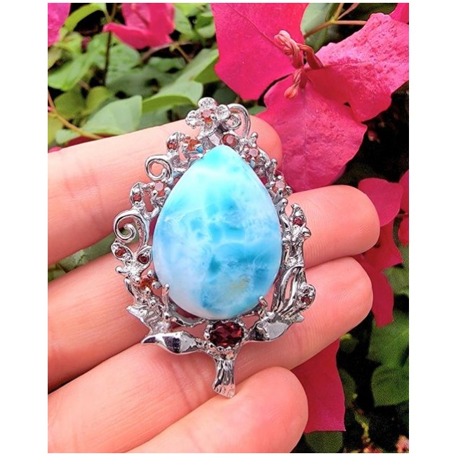 Vintage Beauty genuine Blue Larimar .925 Sterling Silver handmade Pendant and Brooch