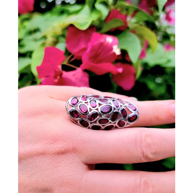 Blooming Garden Authentic Garnet .925 Sterling Silver handcrafted Large Ring size 9