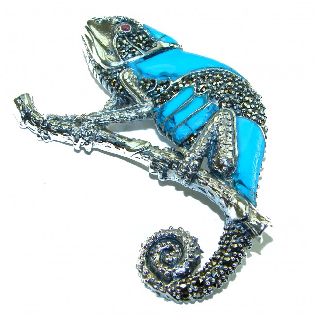 Spectacular Big Chameleon Lizard inlay Turquoise .925 Sterling Silver handmade Brooch