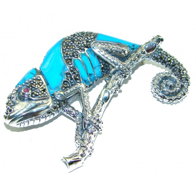 Spectacular Big Chameleon Lizard inlay Turquoise .925 Sterling Silver handmade Brooch