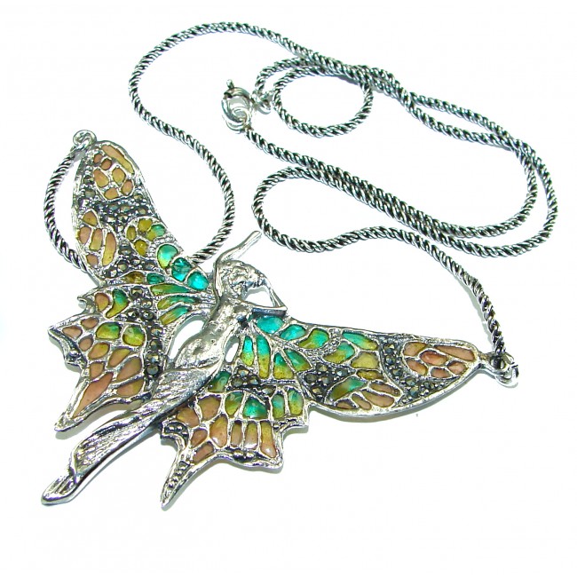 Awesome Flying Fairy Natural Enamel .925 Silver handcrafted Necklace