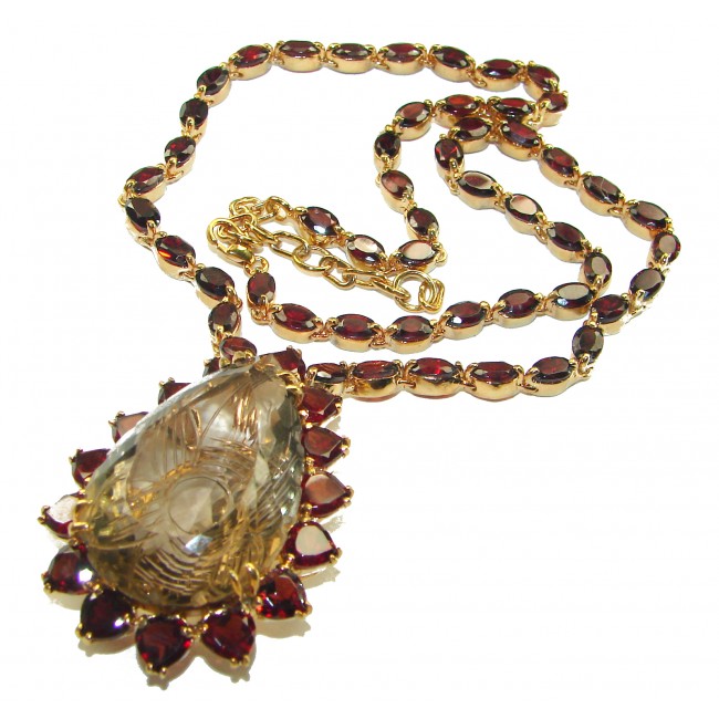 Outstanding carved Smoky Topaz 14K Gold over .925 Sterling Silver handcrafted Statement necklace