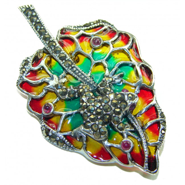 INCREDIBLE Natural Enamel FROG .925 Sterling Silver Brooch Pendant