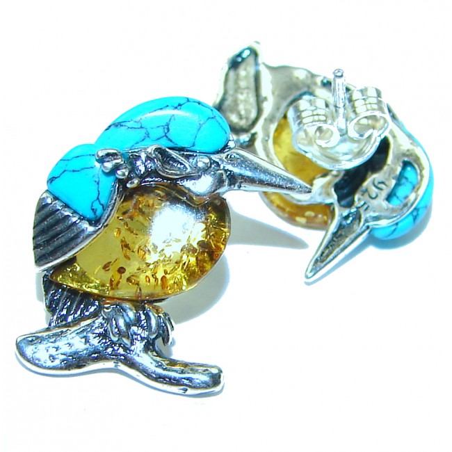 Two Birds Baltic Polish Amber Turquoise .925 Sterling Silver earrings