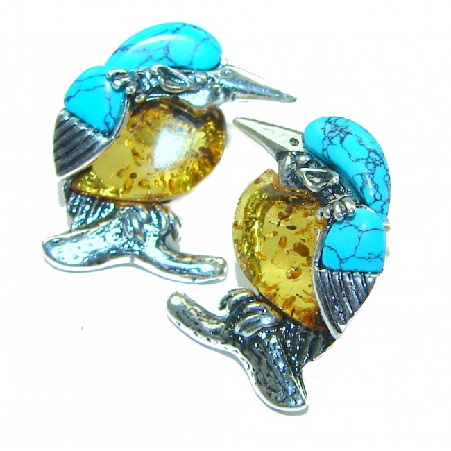 Two Birds Baltic Polish Amber Turquoise .925 Sterling Silver earrings