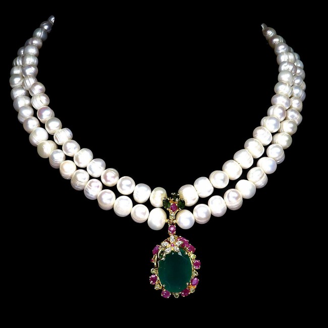 Precious Vintage Beauty Pearls Jade .925 Sterling Silver handcrafted Necklace