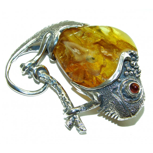 Spectacular Big Chameleon lizard Natural Baltic Amber .925 Sterling Silver handmade Pendant Brooch