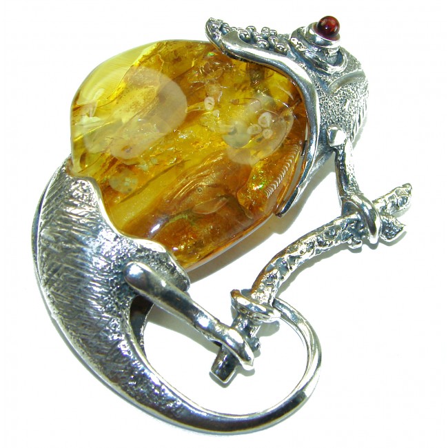 Spectacular Big Chameleon lizard Natural Baltic Amber .925 Sterling Silver handmade Pendant Brooch