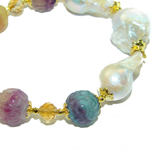 Top quality Genuine carved Fluorite 14k Gold over .925 Sterling Silver handcrafted bracelet