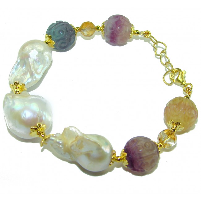 Top quality Genuine carved Fluorite 14k Gold over .925 Sterling Silver handcrafted bracelet