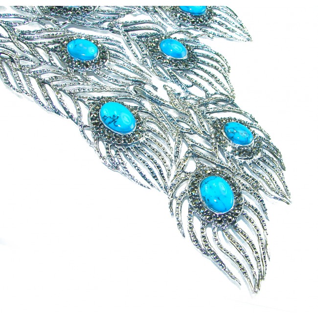 HUGE 102.9 grams Peacock Feather design genuine Turquoise .925 Sterling Silver handcrafted Necklace