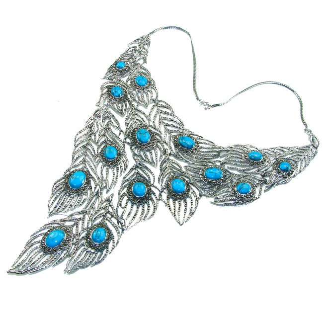 HUGE 102.9 grams Peacock Feather design genuine Turquoise .925 Sterling Silver handcrafted Necklace