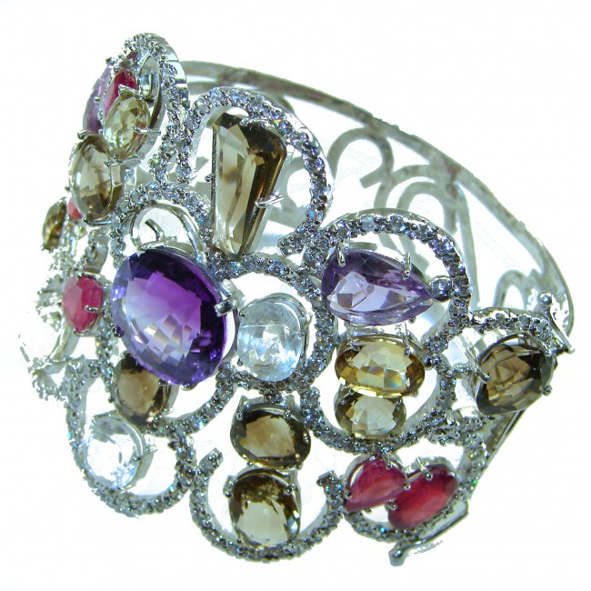 Absolutely Spectacular authentic Multi gems .925 Sterling Silver handmade bangle Bracelet