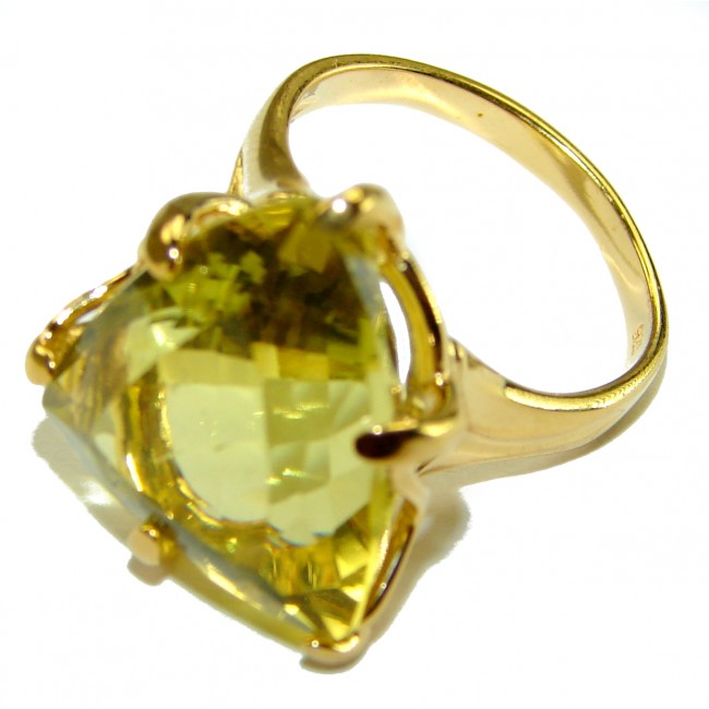 22.8 carat Trillion cut Genuine Lemon Quartz 14K Gold over .925 Sterling Silver handcrafted ring size 7