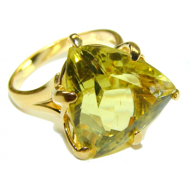 22.8 carat Trillion cut Genuine Lemon Quartz 14K Gold over .925 Sterling Silver handcrafted ring size 7