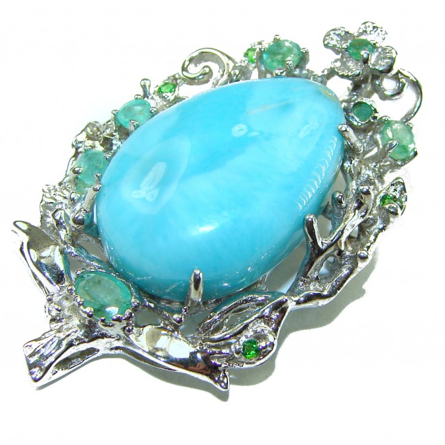 Vintage Beauty genuine Blue Larimar Emerald .925 Sterling Silver handmade Pendant and Brooch