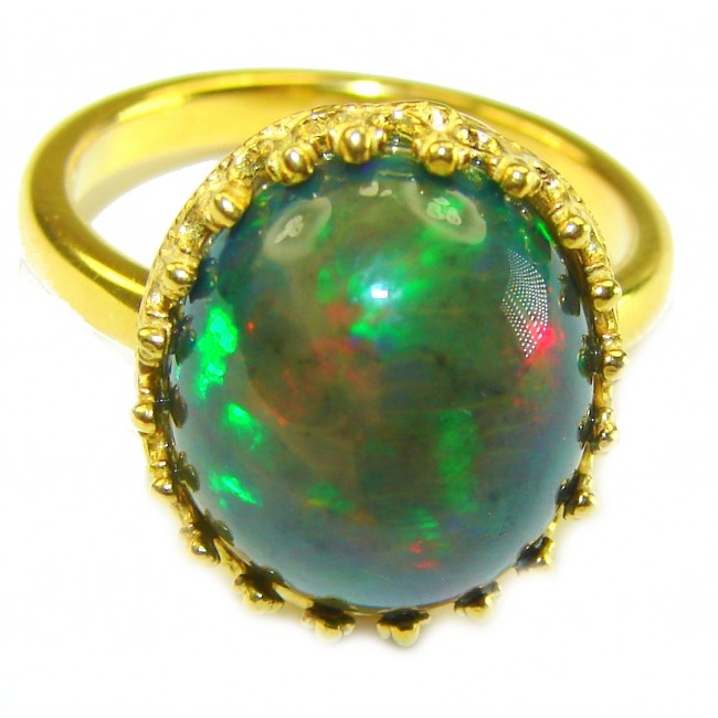 DEVOTION Genuine 22.5 carat Black Opal Emerald 18K Gold over .925 Sterling Silver handmade Ring size 8 3/4