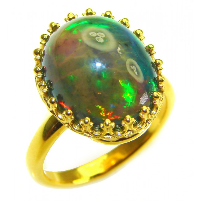 DEVOTION Genuine 22.5 carat Black Opal Emerald 18K Gold over .925 Sterling Silver handmade Ring size 8 3/4