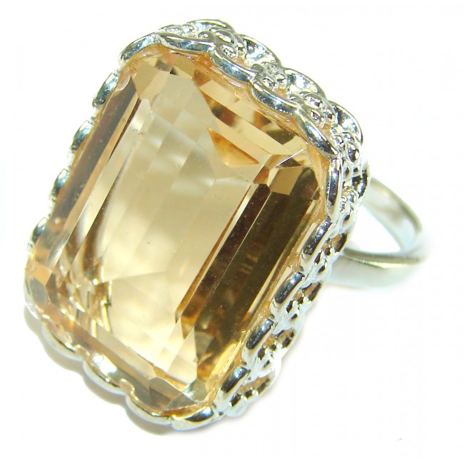 45.8 carat Genuine Lemon Quartz 14K Gold over .925 Sterling Silver handcrafted Solid ring size 8 1/2