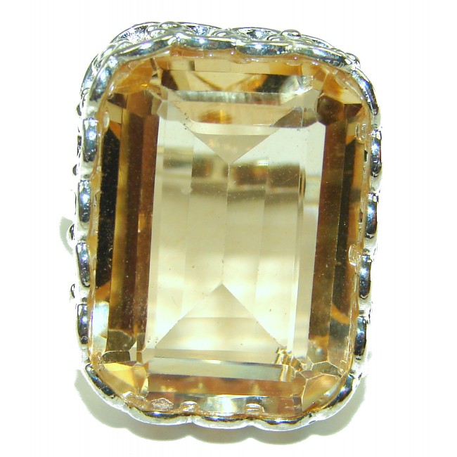 45.8 carat Genuine Lemon Quartz 14K Gold over .925 Sterling Silver handcrafted Solid ring size 8 1/2