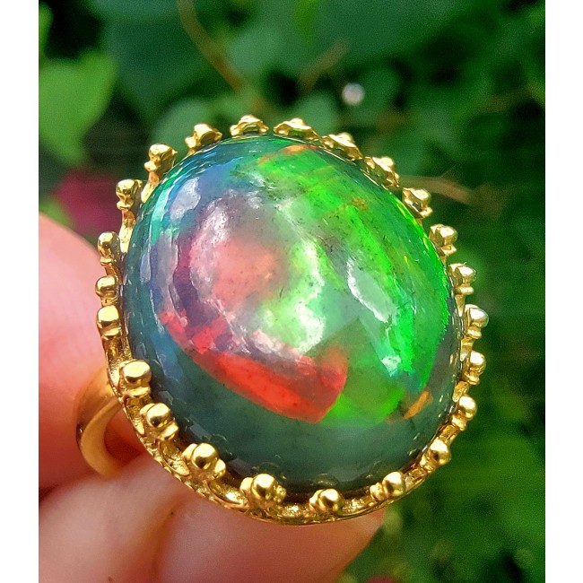 New Universe Genuine 32.5 carat Australian Black Opal 14K Gold over .925 Sterling Silver handmade Ring size 7 1/2