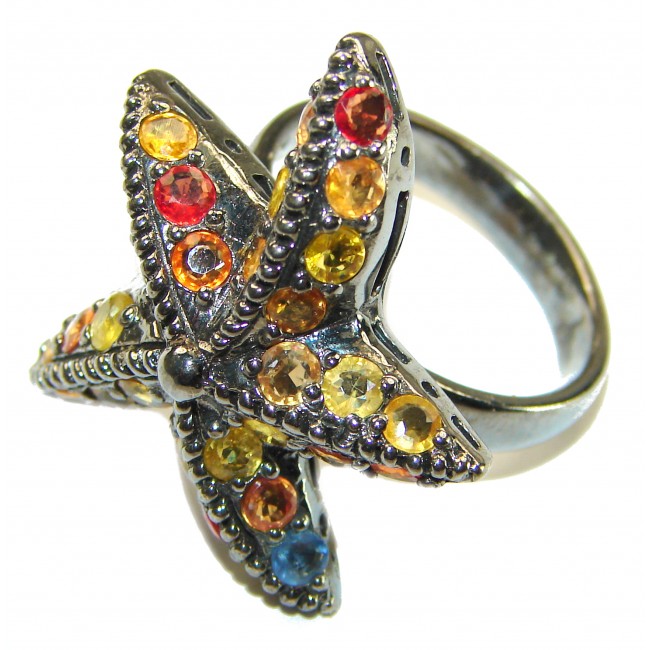 Genuine Sapphire Starfish black rhodium over .925 Sterling Silver Handcrafted Large Ring size 8 3/4